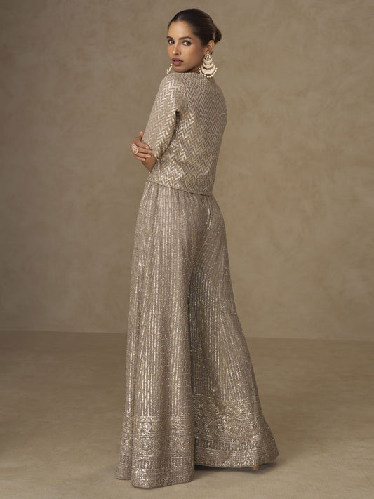 Beige Crop Top Style Indo Western Palazzo Suit