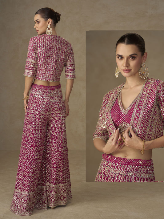 Hot Pink Crop Top Style Indo Western Palazzo Suit