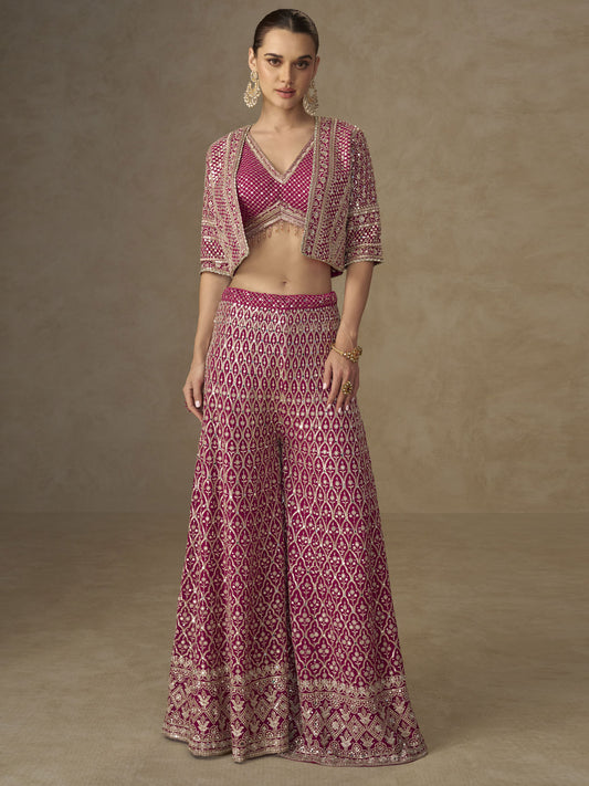 Hot Pink Crop Top Style Indo Western Palazzo Suit