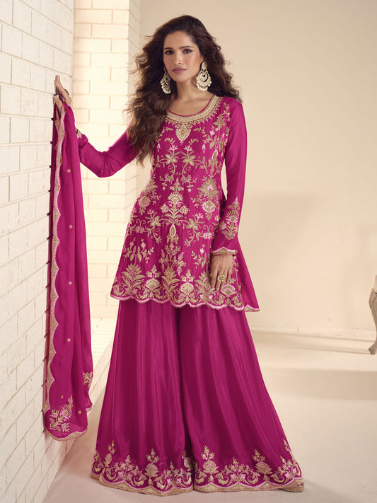 Rani Pink Handwork Embroidery Kurti And Sharara Suit