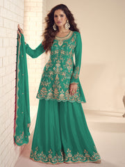 Green Handwork Embroidery Kurti And Sharara Suit