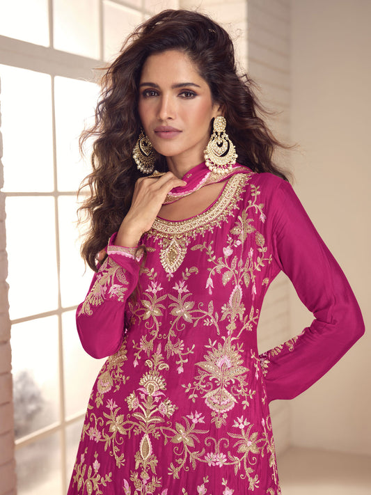 Rani Pink Handwork Embroidery Kurti And Sharara Suit