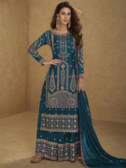 Turquoise Multi Embroidered Palazzo Suit