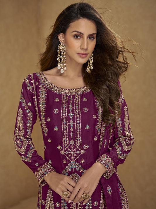 Deep Magenta Multi Embroidered Palazzo Suit