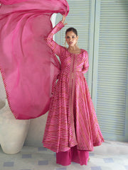 Fuchsia Pink Embroidery Slit Style Anarkali Palazzo Suit