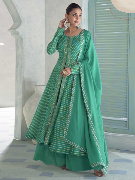 Turquoise Embroidery Slit Style Anarkali Palazzo Suit