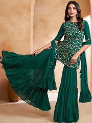 Green Floral Embroidered Kurta With Sharara & Dupatta