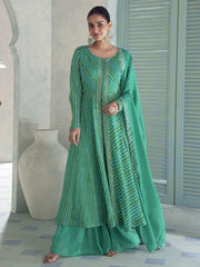 Turquoise Embroidery Slit Style Anarkali Palazzo Suit