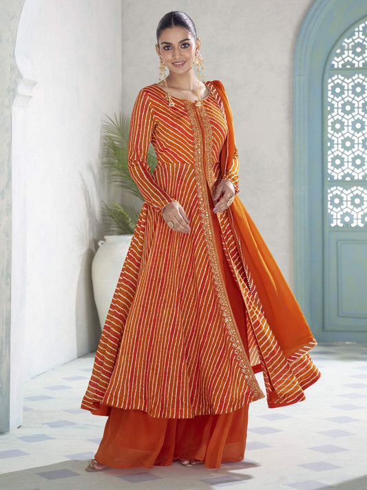 Orange Embroidery Slit Style Anarkali Palazzo Suit