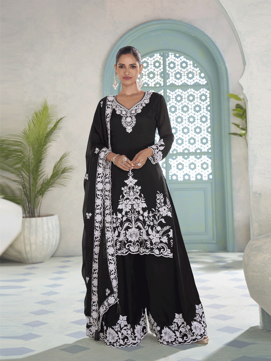 Embroidered Black Eid Style Palazzo Suit
