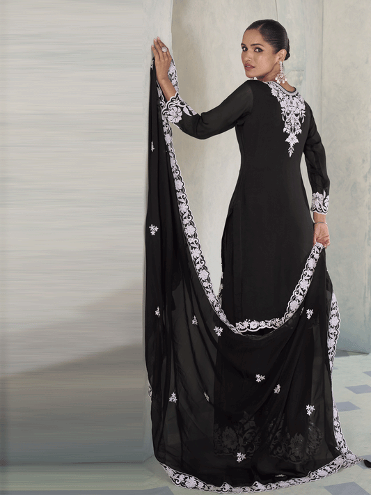 Embroidered Black Eid Style Palazzo Suit