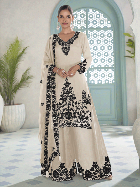 Embroidered Off White Eid Style Palazzo Suit