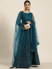 Teal Blue Embroidered Beads and Stones Semi-Stitched Lehenga & Blouse With Dupatta