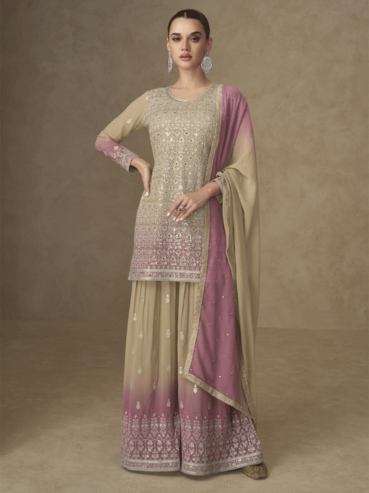 Beige & Pink Mirror Handwork Georgette Palazzo Suit