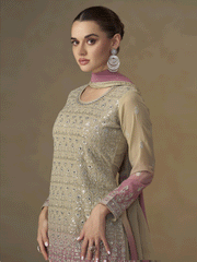 Beige & Pink Mirror Handwork Georgette Palazzo Suit