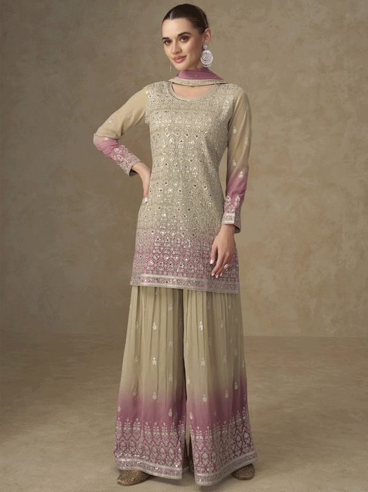 Beige & Pink Mirror Handwork Georgette Palazzo Suit