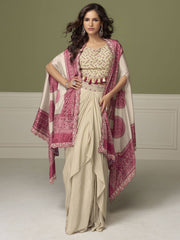 Cream Pink Embroidery Drape Skirt Set