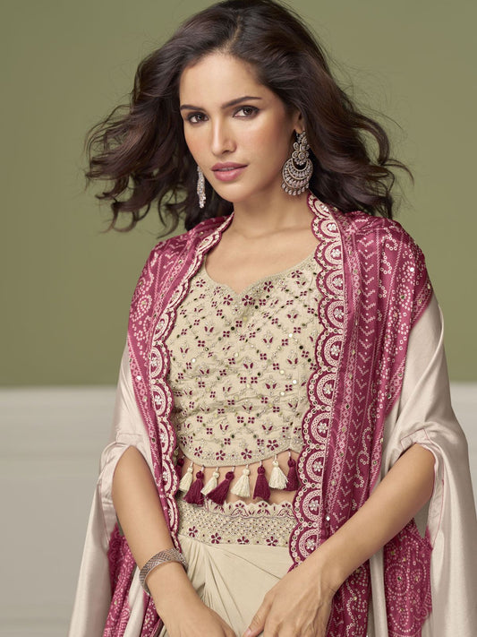 Cream Pink Embroidery Drape Skirt Set