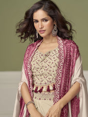 Cream Pink Embroidery Drape Skirt Set