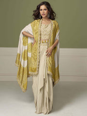 Cream Yellow Embroidery Drape Skirt Set