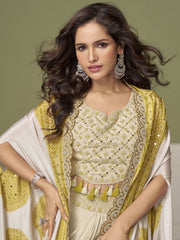 Cream Yellow Embroidery Drape Skirt Set
