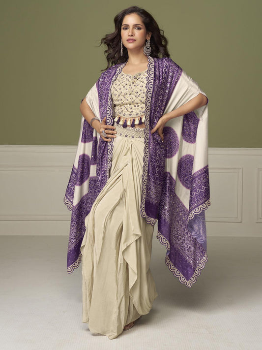 Cream Purple Embroidery Drape Skirt Set