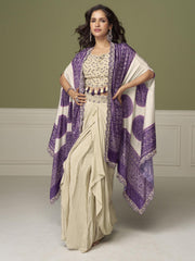 Cream Purple Embroidery Drape Skirt Set