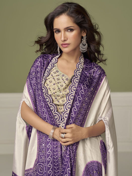 Cream Purple Embroidery Drape Skirt Set
