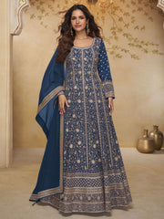 Royal Blue Embroidered Anarkali Gown with Dupatta