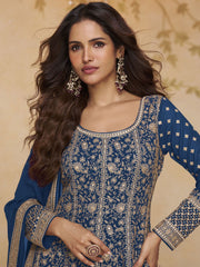 Royal Blue Embroidered Anarkali Gown with Dupatta