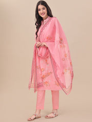 Pink Floral Embroidered Straight Kurta & Trousers With Dupatta