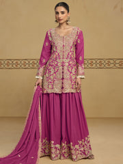 Magenta Pink Embroidered Sharara Style Suit