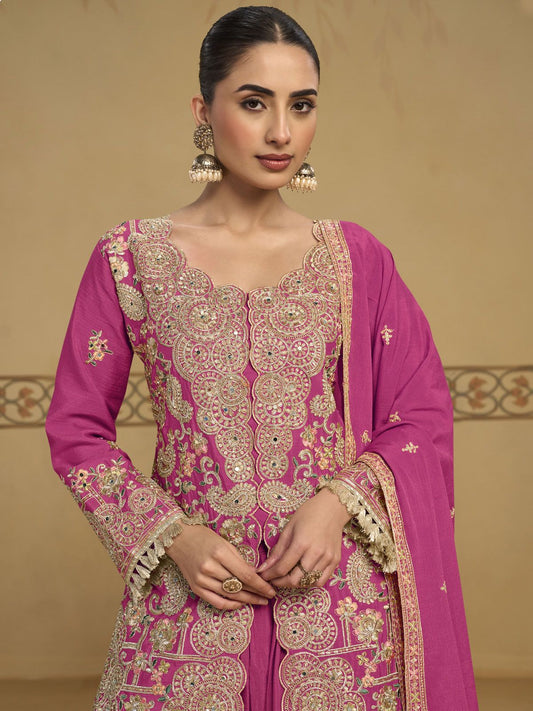 Magenta Pink Embroidered Sharara Style Suit