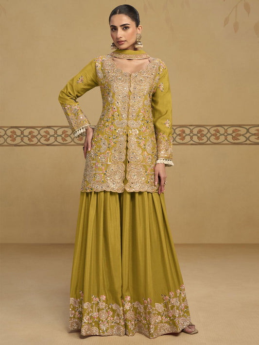 Lime Yellow Embroidered Sharara Style Suit