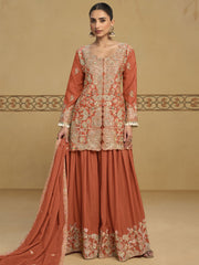 Coral Orange Embroidered Sharara Style Suit