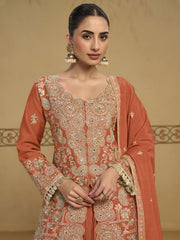 Coral Orange Embroidered Sharara Style Suit