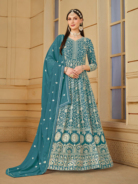 Teal Blue Thread Embroidery Georgette Anarkali Suit