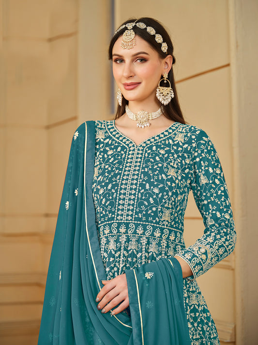 Teal Blue Thread Embroidery Georgette Anarkali Suit