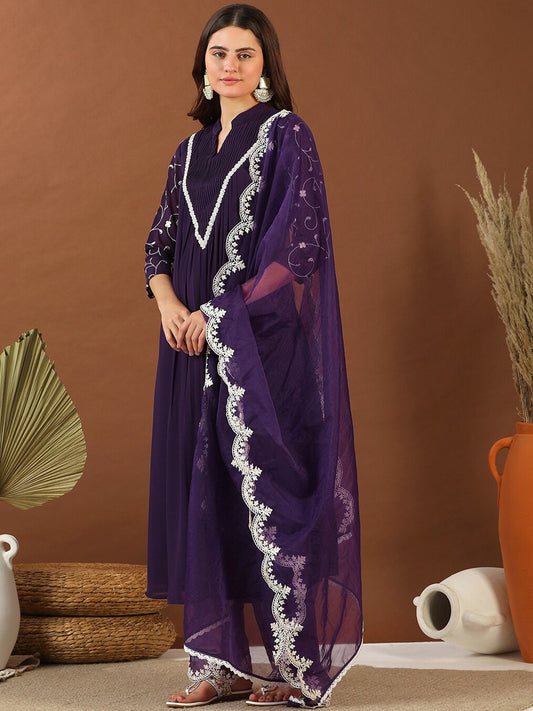 Women Purple Floral Embroidered Pleated Thread Work Kurta with Palazzos & With Dupatta