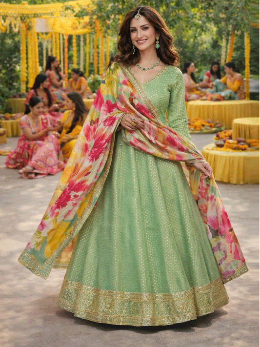 Green Jacquard Silk Embroidered Work Designer Gown