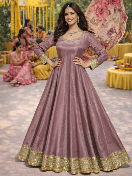 Brown Jacquard Silk Embroidered Work Designer Gown