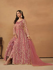 Coral Pink Embroidered Net Wedding Anarkali Suit