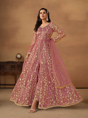 Coral Pink Embroidered Net Wedding Anarkali Suit