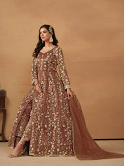 Snuff Brown Embroidered Net Wedding Anarkali Suit