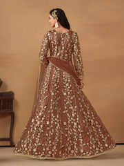 Snuff Brown Embroidered Net Wedding Anarkali Suit