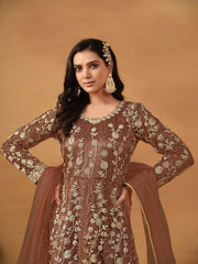 Snuff Brown Embroidered Net Wedding Anarkali Suit