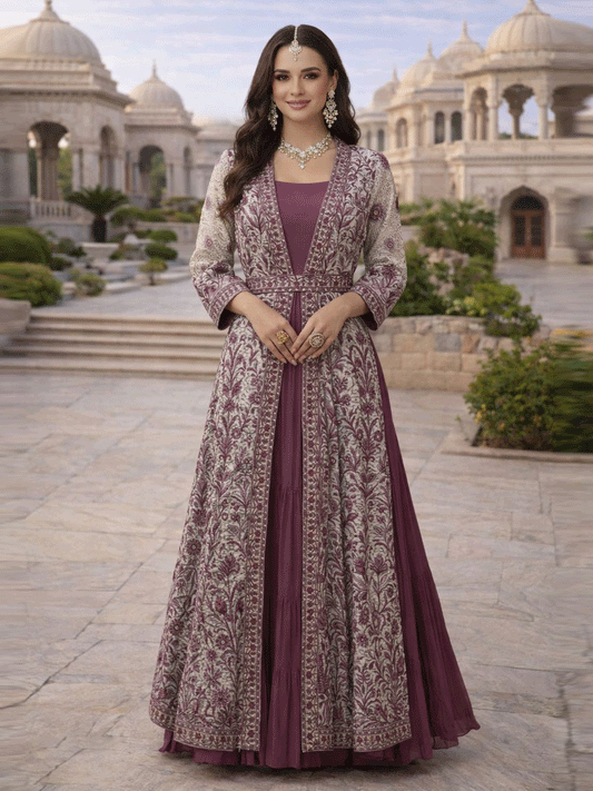 Multi Colour Chinon Designer Gown with Embroidered Work for Festival
