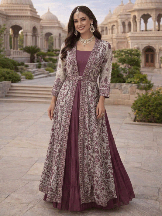 Multi Colour Chinon Designer Gown with Embroidered Work for Festival
