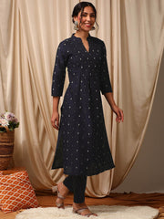 Women Navy Blue Ethnic Woven Design Stright Kurta