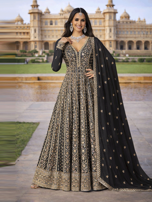 Black Chinon Embroidered Work Gown for Ceremonial